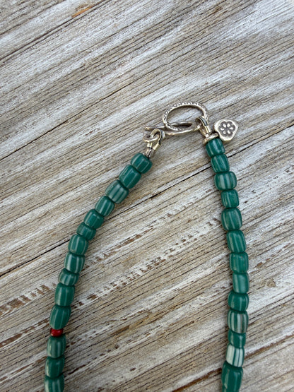 Pearl pendant on trade beads, moonstone, turquoise, coral, and fine silver accents necklace. 17.5”