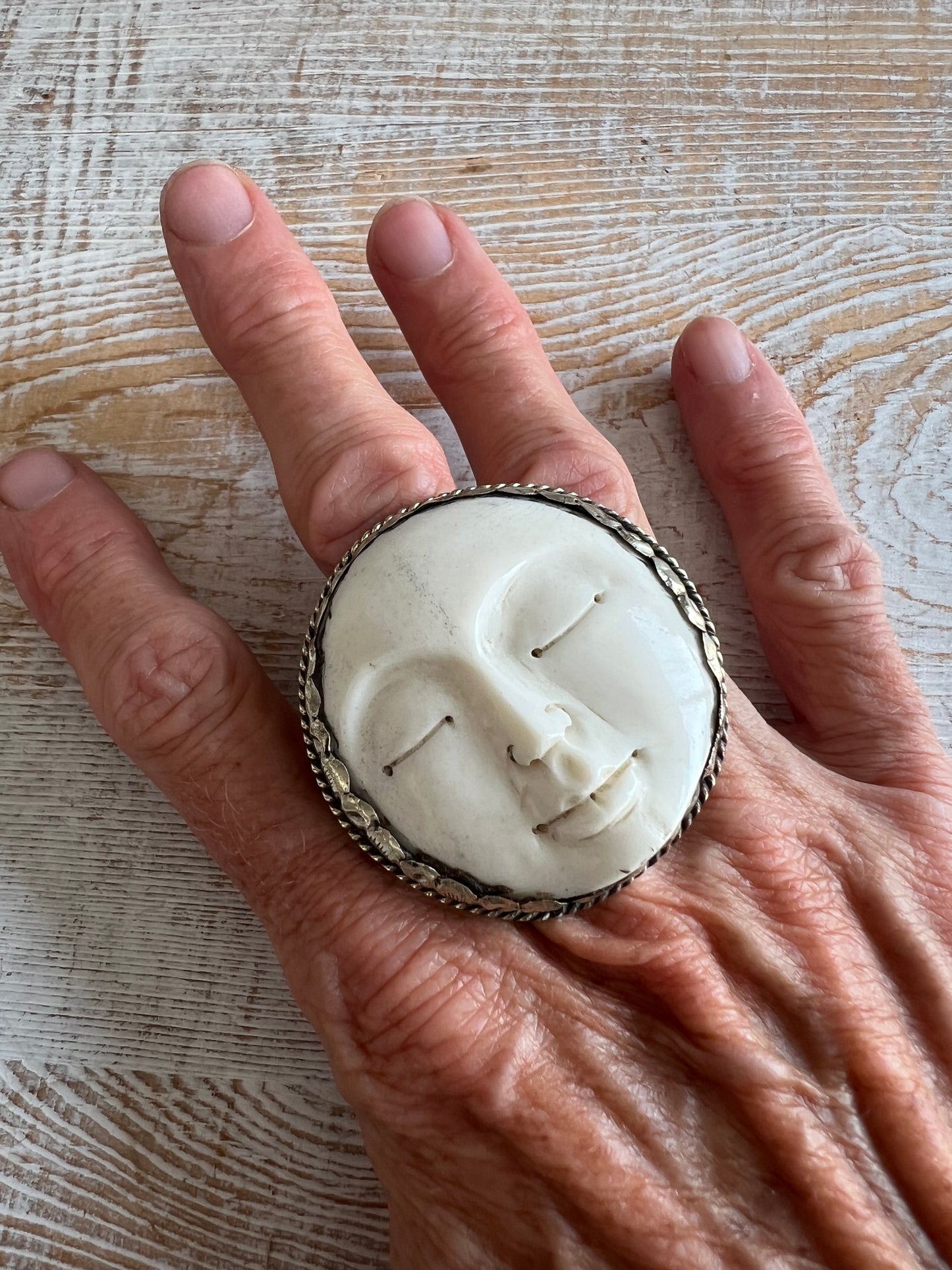 Large carved bone Tibetan ring. Adjustable.