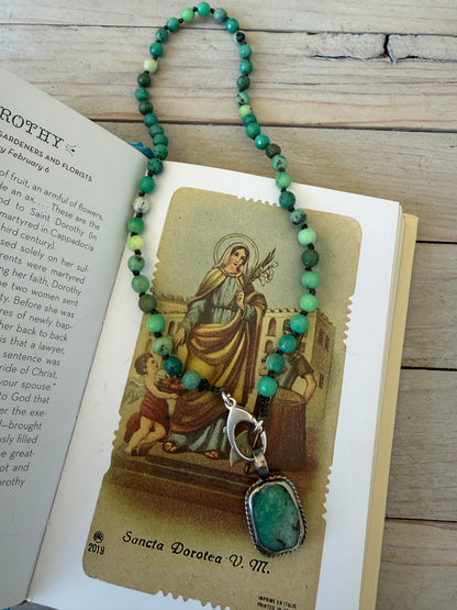 Knotted chrysocolla with sterling silver charm holder clasp and chrysocolla pendant necklace. 17”