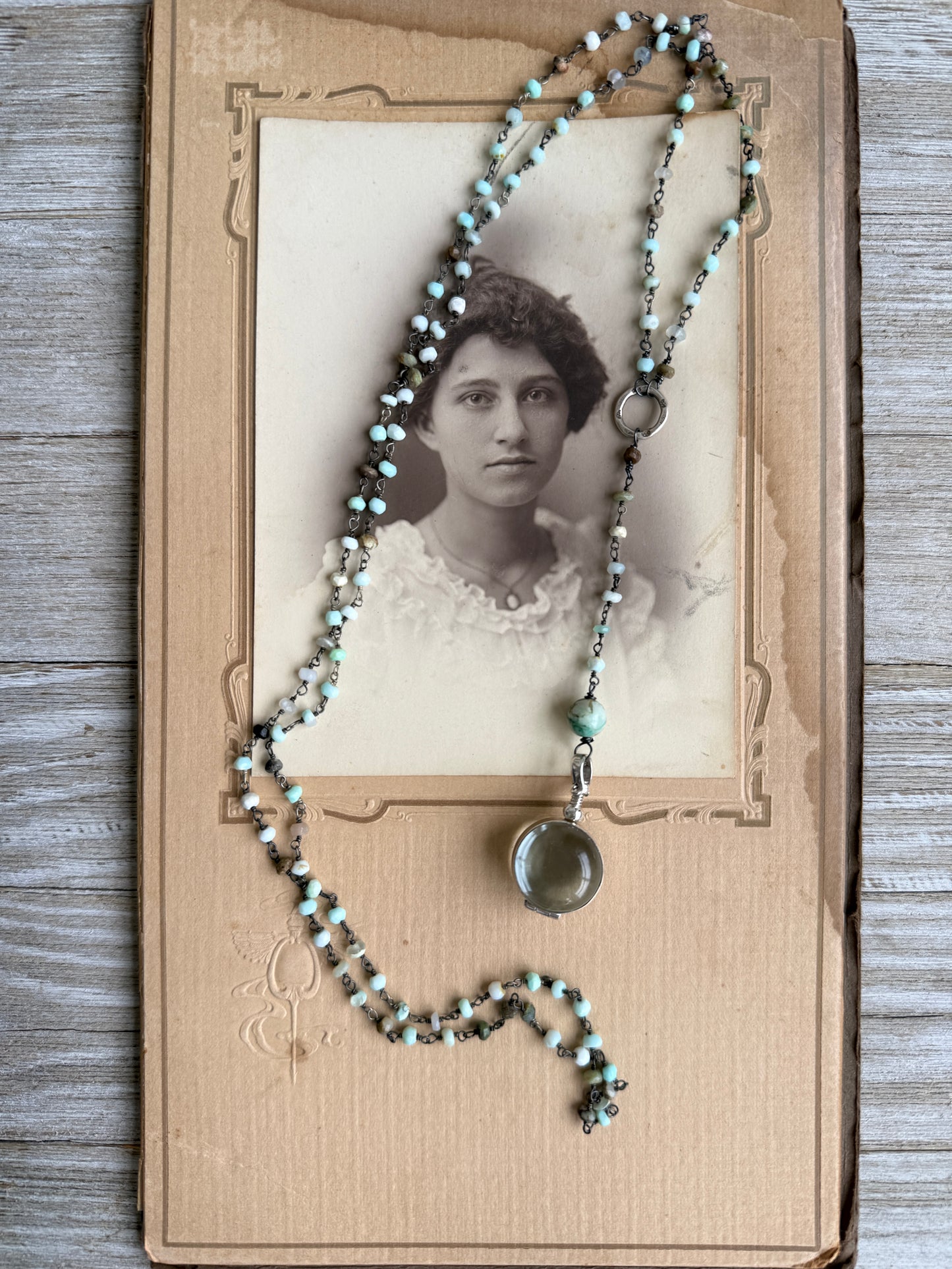 Green Peruvian Opal chain with sterling locket and fine silver ring Y necklace.