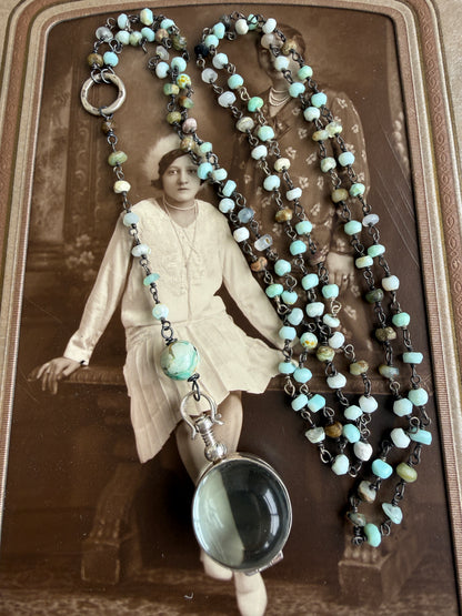 Green Peruvian Opal chain with sterling locket and fine silver ring Y necklace.