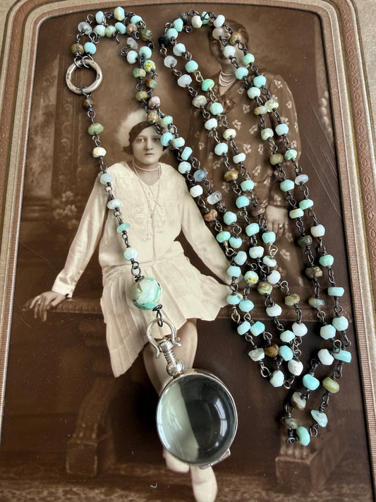 Green Peruvian Opal chain with sterling locket and fine silver ring Y necklace.