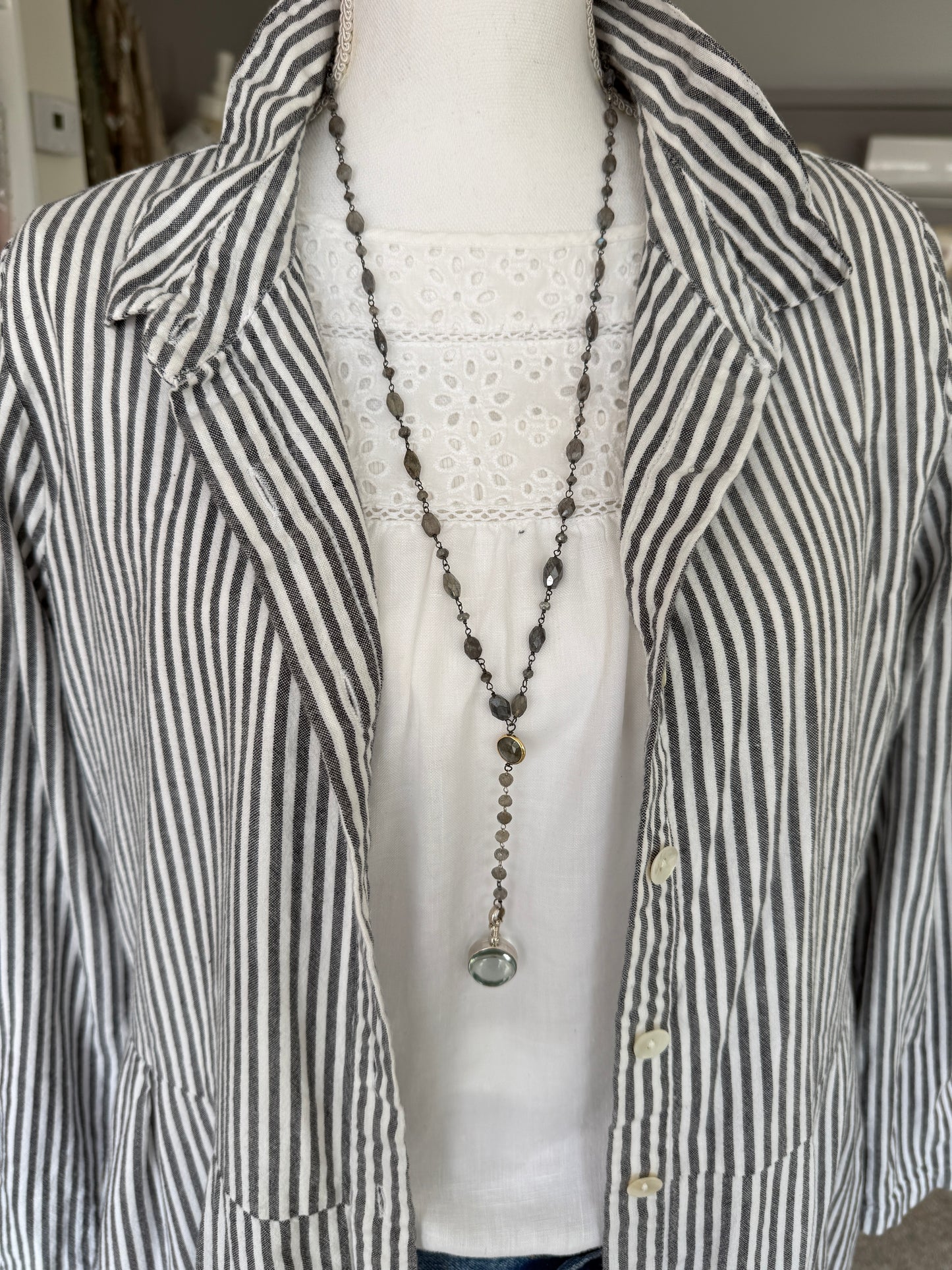 Faceted labradorite chain with labradorite in bezel and sterling silver locket Y necklace.