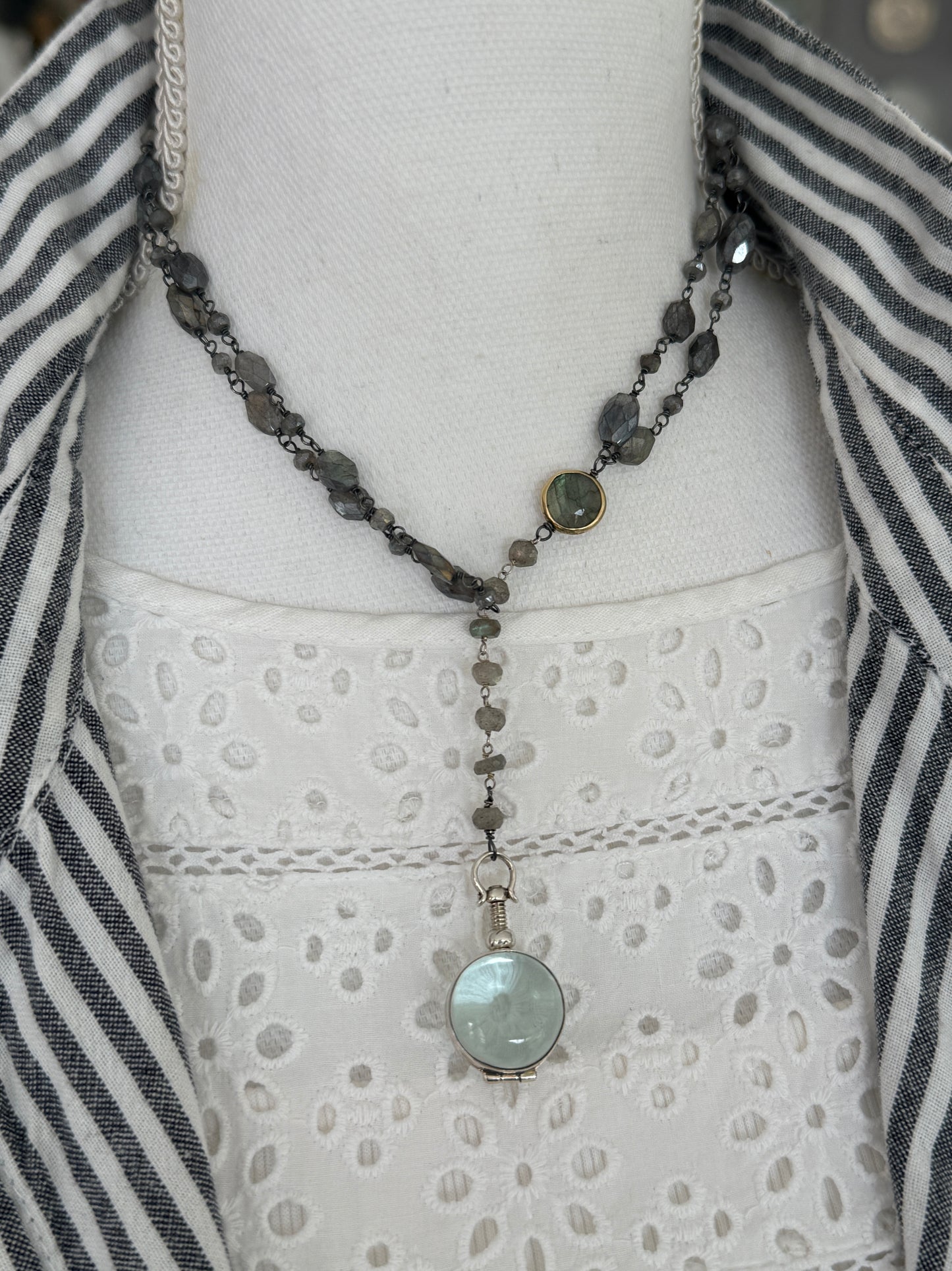 Faceted labradorite chain with labradorite in bezel and sterling silver locket Y necklace.