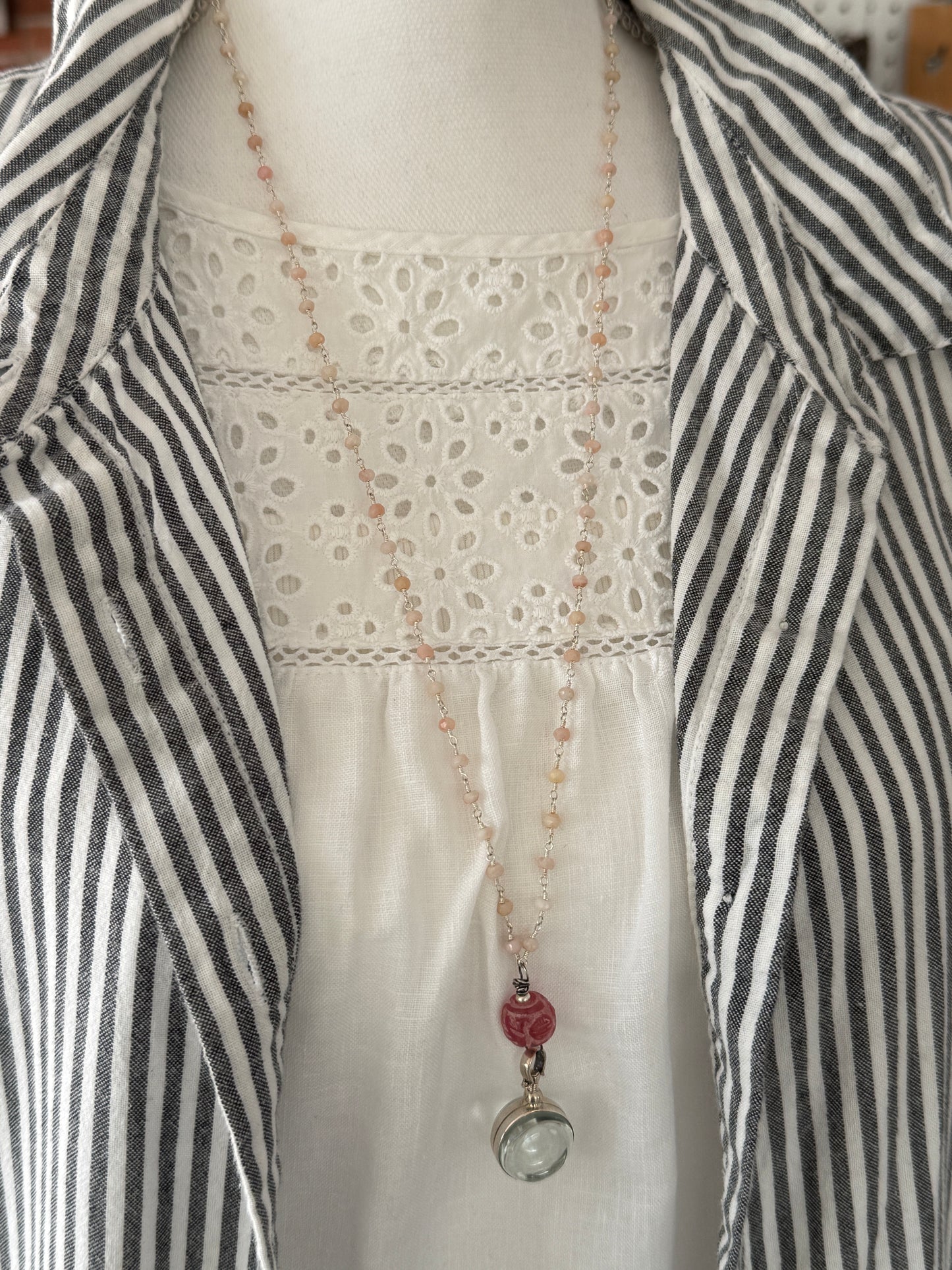 Pink Peruvian Opal with carved pink jade bead and sterling locket necklace.
