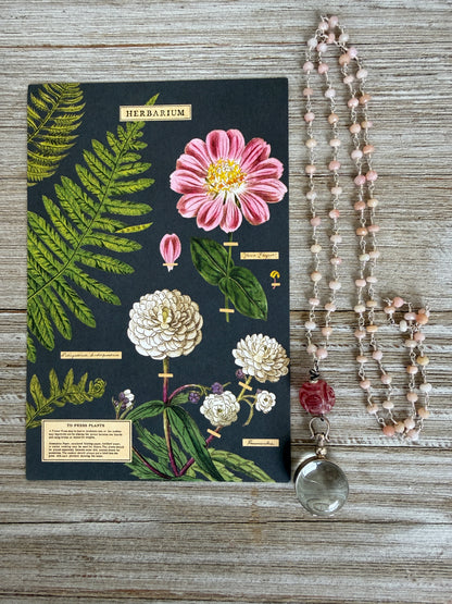 Pink Peruvian Opal with carved pink jade bead and sterling locket necklace.