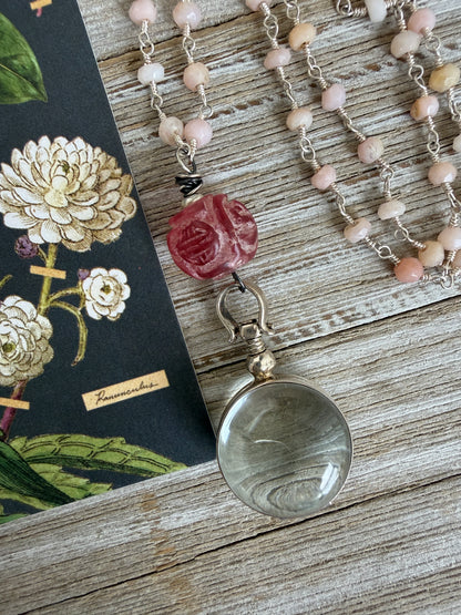 Pink Peruvian Opal with carved pink jade bead and sterling locket necklace.