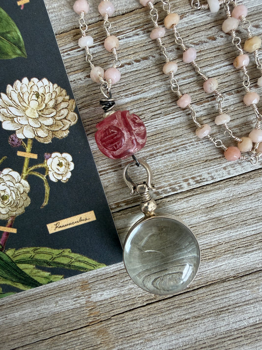 Pink Peruvian Opal with carved pink jade bead and sterling locket necklace.