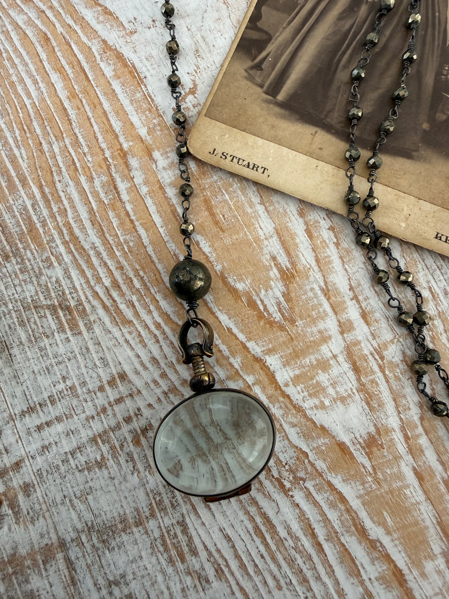 Tiny faceted pyrite chain  with sterling silver locket Y necklace.