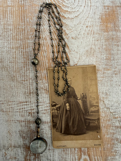 Tiny faceted pyrite chain  with sterling silver locket Y necklace.
