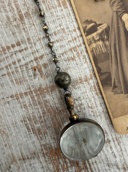 Tiny faceted pyrite chain  with sterling silver locket Y necklace.