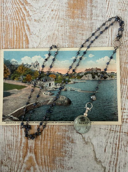 Sapphire chain with blue pearl and sterling locket necklace.