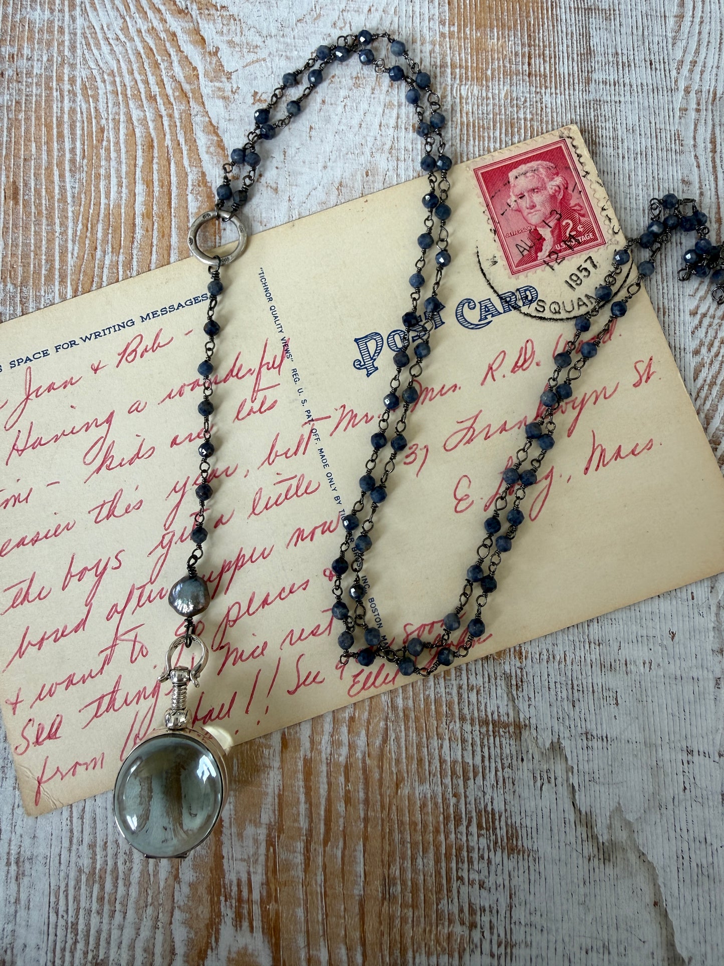 Sapphire chain with blue pearl and sterling locket necklace.