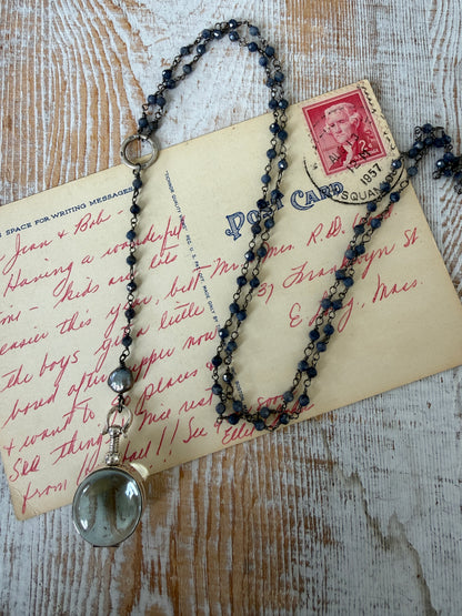 Sapphire chain with blue pearl and sterling locket necklace.