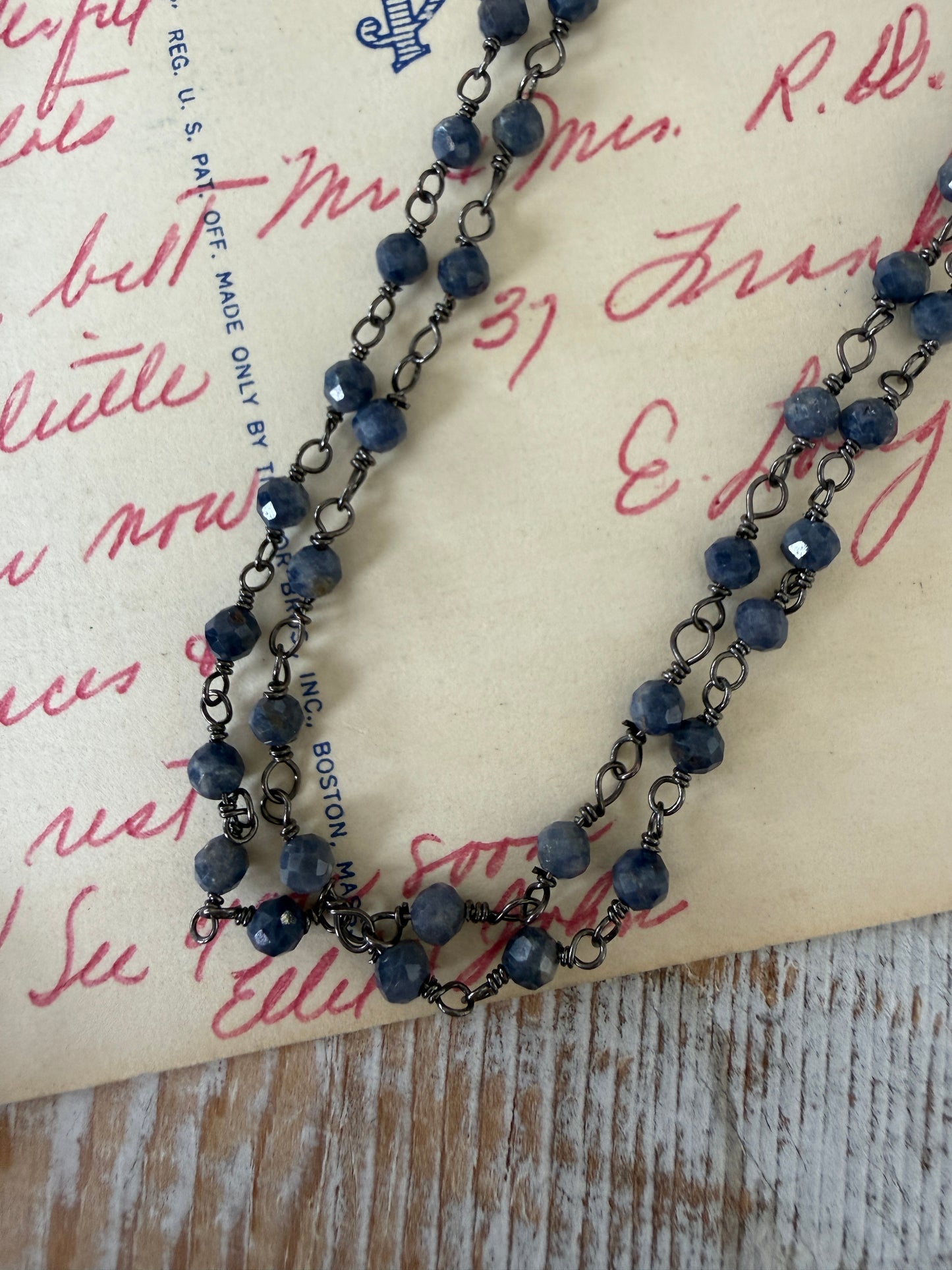 Sapphire chain with blue pearl and sterling locket necklace.