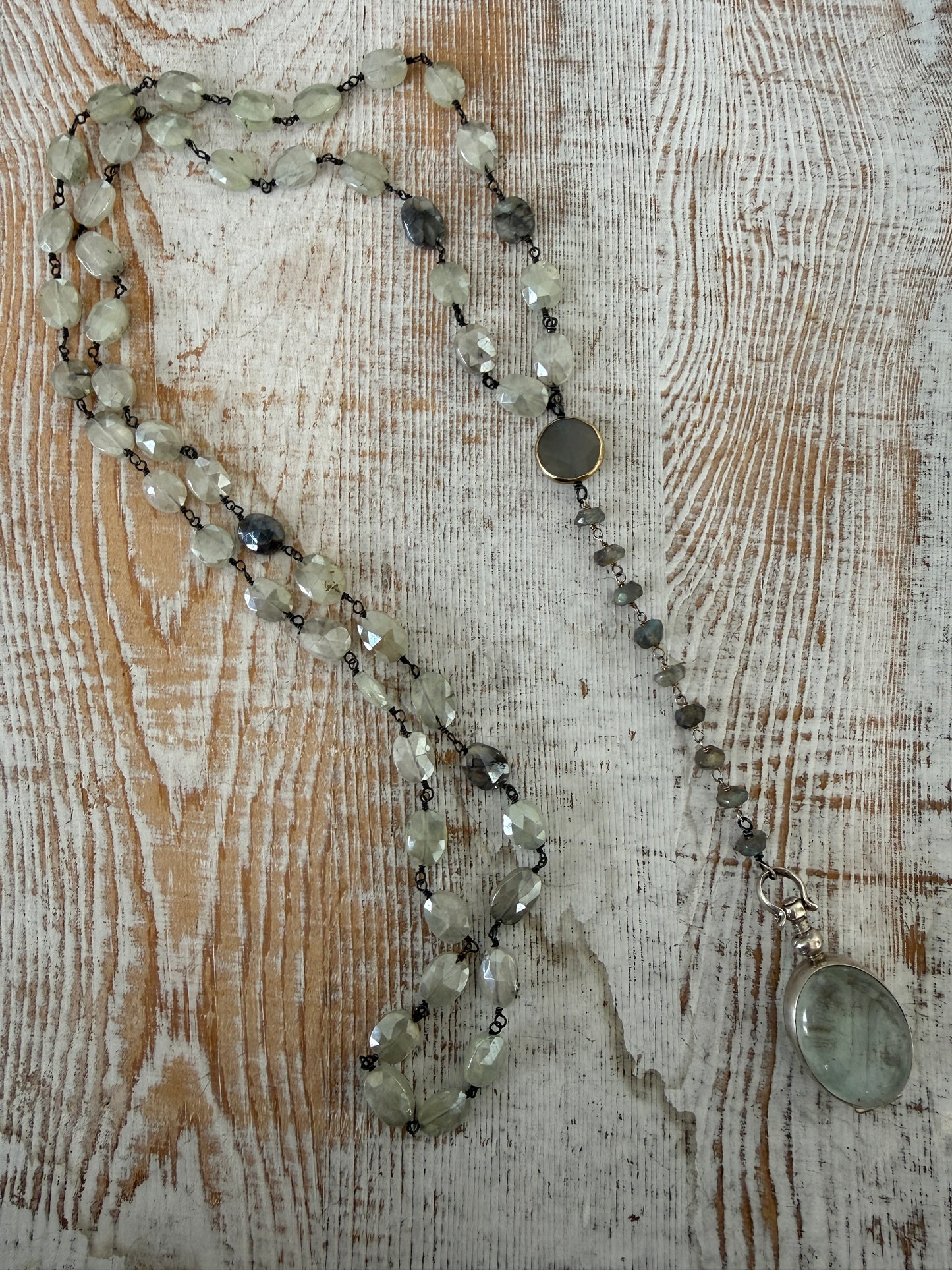 Faceted mystic prehenite wire wrapped chain with chalcedony and labradorite and sterling locket necklace.