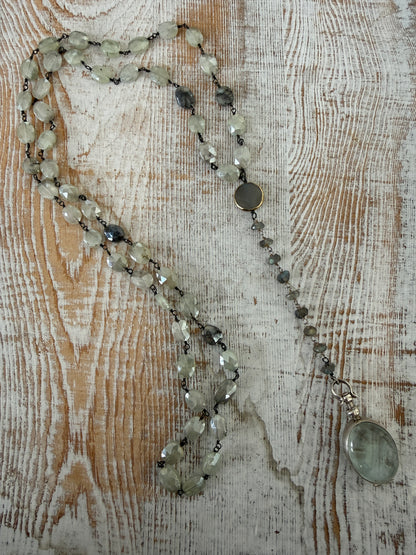 Faceted mystic prehenite wire wrapped chain with chalcedony and labradorite and sterling locket necklace.
