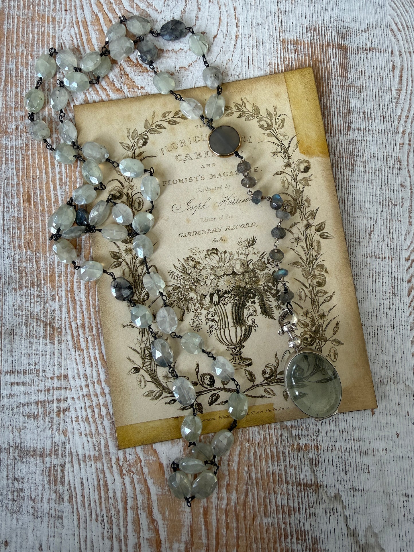 Faceted mystic prehenite wire wrapped chain with chalcedony and labradorite and sterling locket necklace.
