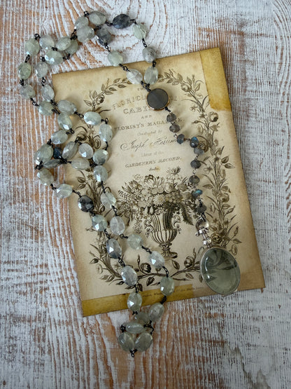 Faceted mystic prehenite wire wrapped chain with chalcedony and labradorite and sterling locket necklace.