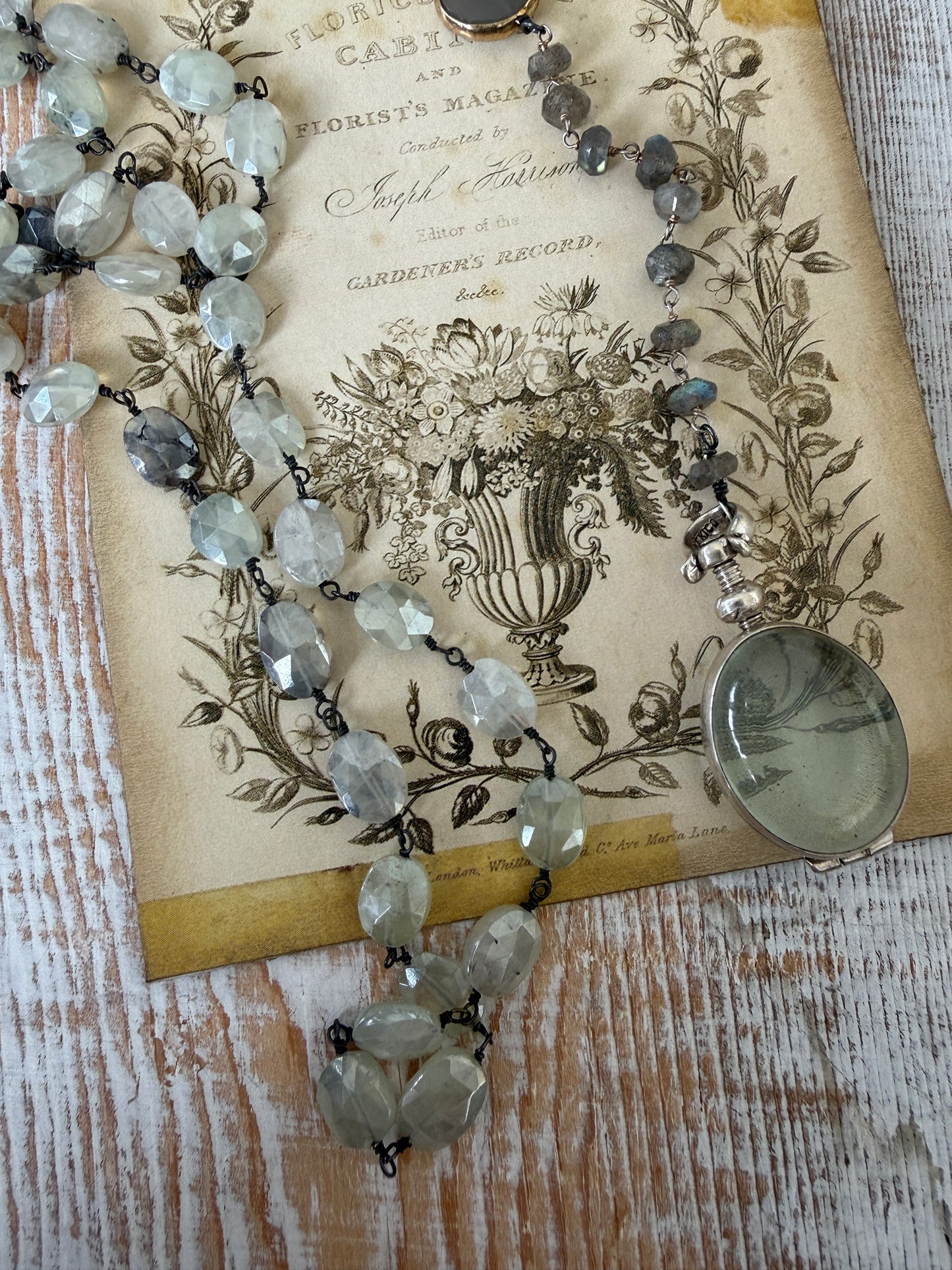 Faceted mystic prehenite wire wrapped chain with chalcedony and labradorite and sterling locket necklace.