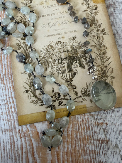 Faceted mystic prehenite wire wrapped chain with chalcedony and labradorite and sterling locket necklace.