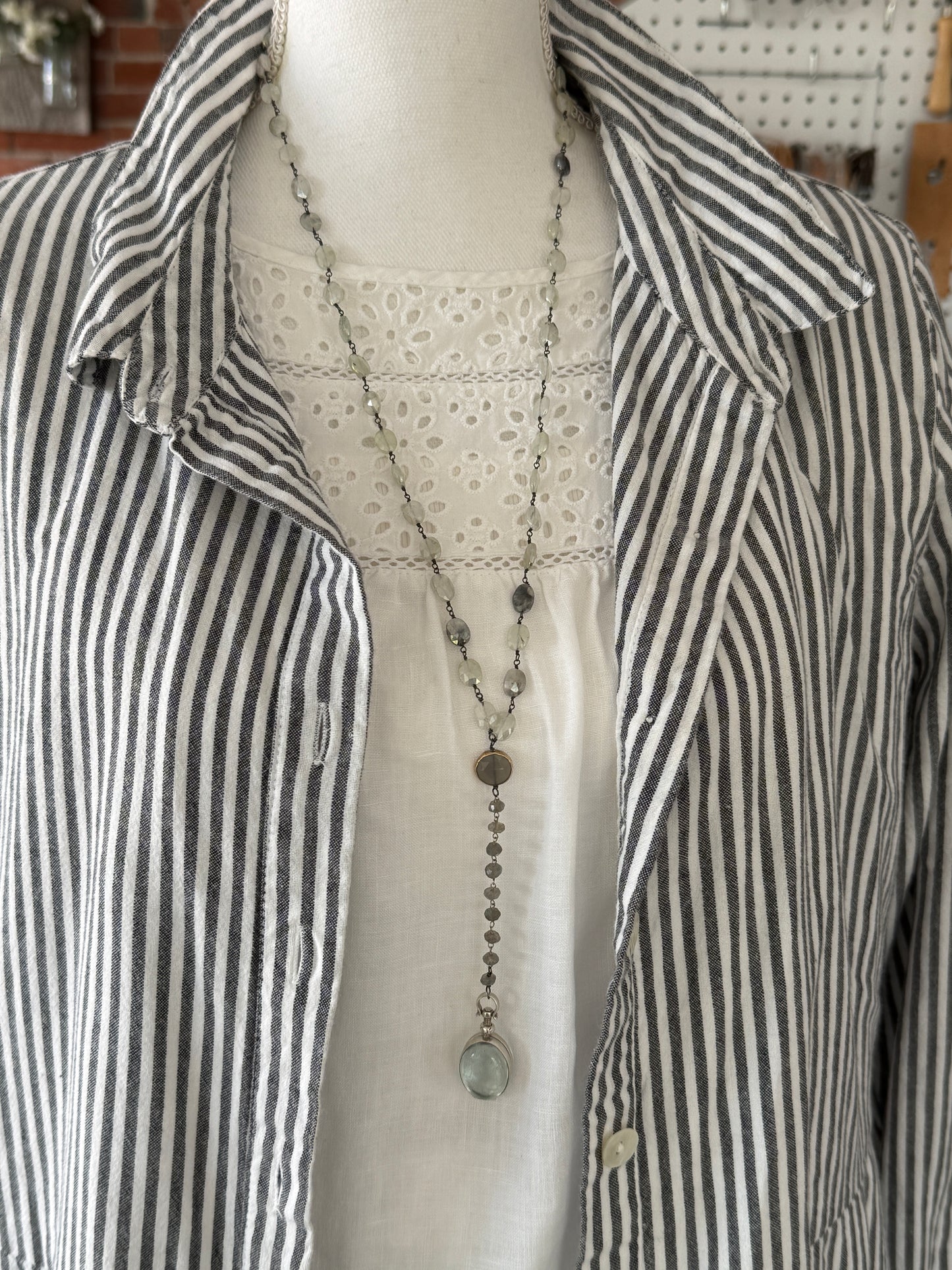 Faceted mystic prehenite wire wrapped chain with chalcedony and labradorite and sterling locket necklace.