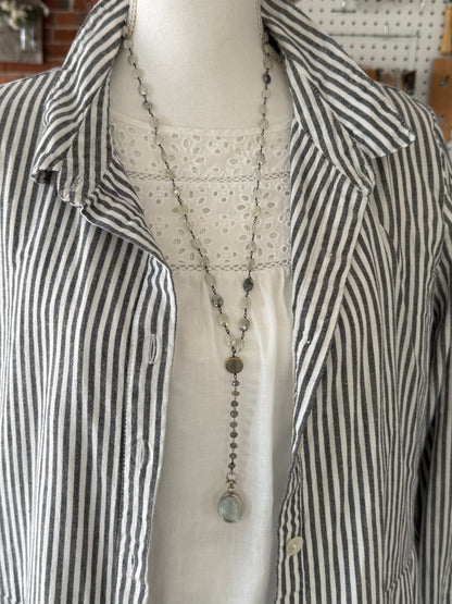 Faceted mystic prehenite wire wrapped chain with chalcedony and labradorite and sterling locket necklace.