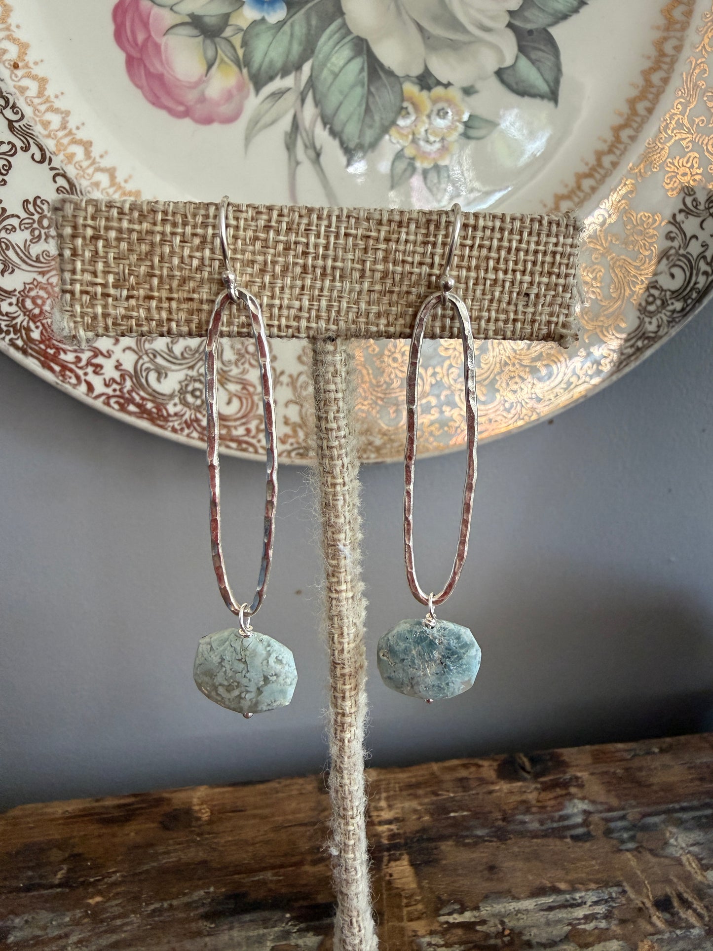 Blue Jasper and fine silver long hoop earrings.