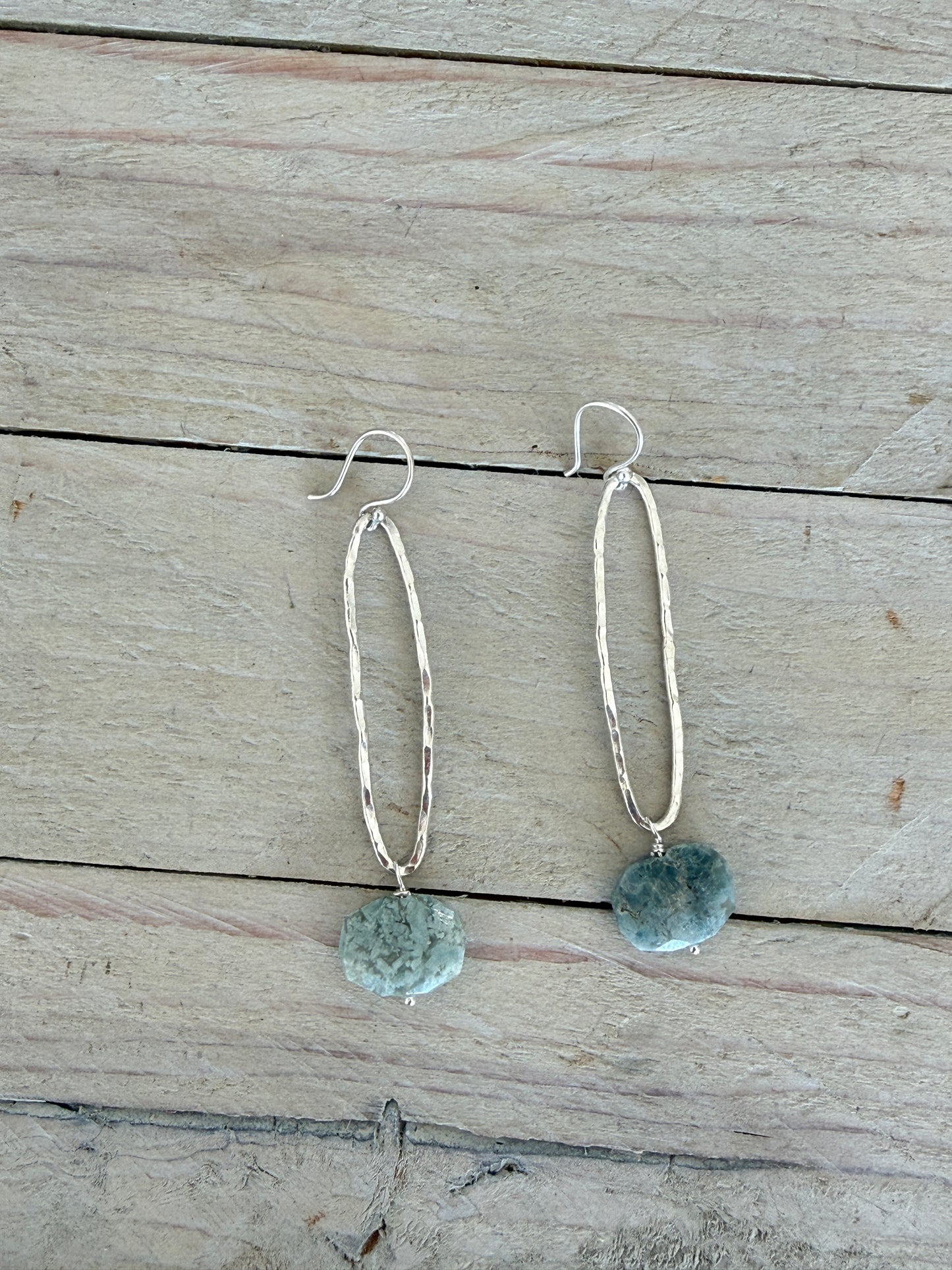 Blue Jasper and fine silver long hoop earrings.