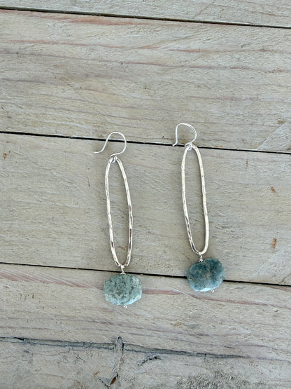 Blue Jasper and fine silver long hoop earrings.