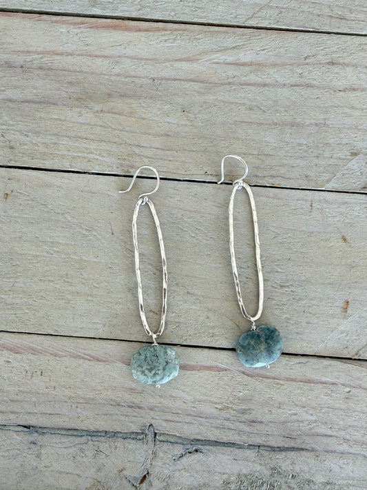 Blue Jasper and fine silver long hoop earrings.