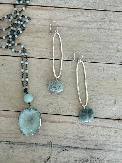 Blue Jasper and fine silver long hoop earrings.
