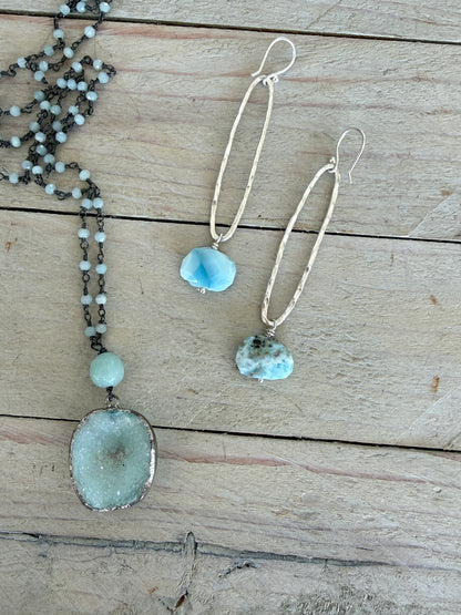 Aqua druzie pendant on Amazonite chain necklace. 32”