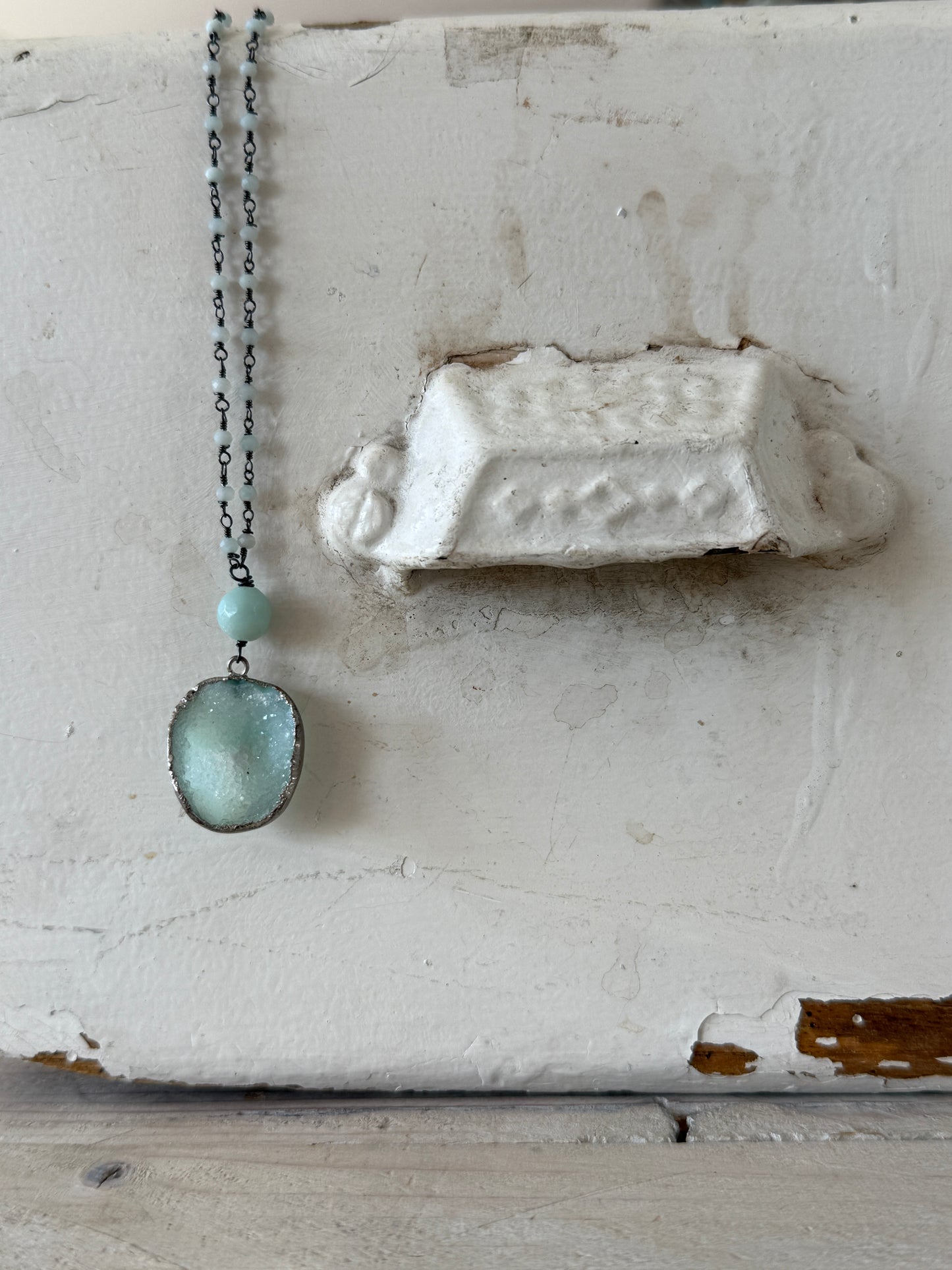 Aqua druzie pendant on Amazonite chain necklace. 32”