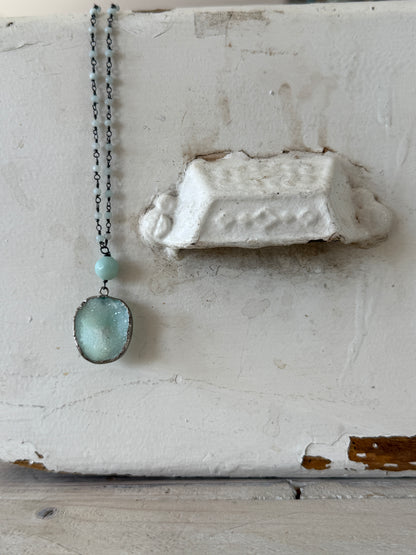 Aqua druzie pendant on Amazonite chain necklace. 32”