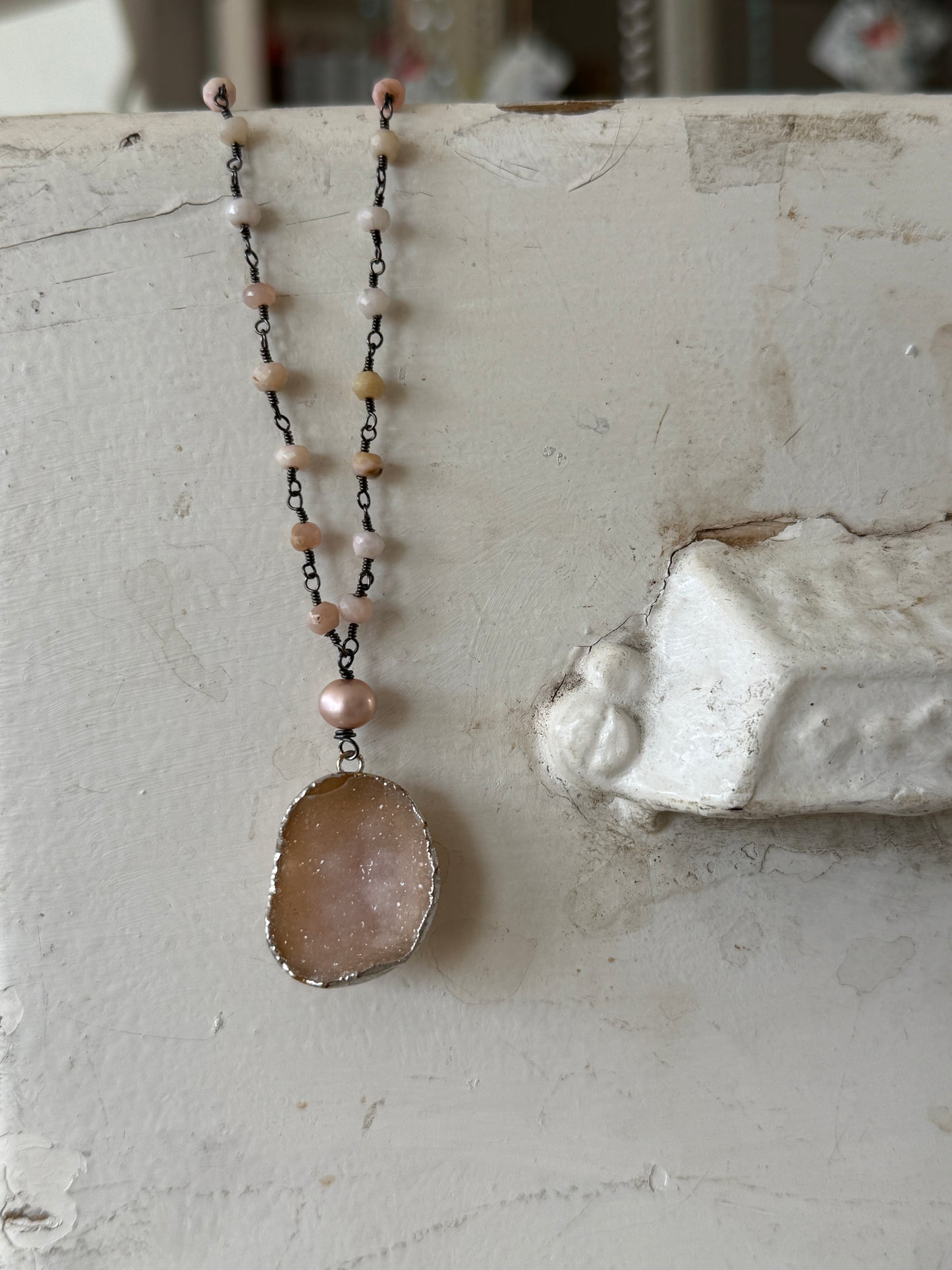 Pink druzie on faceted pink Opal wire wrapped chain adjustable necklace. 19-20”