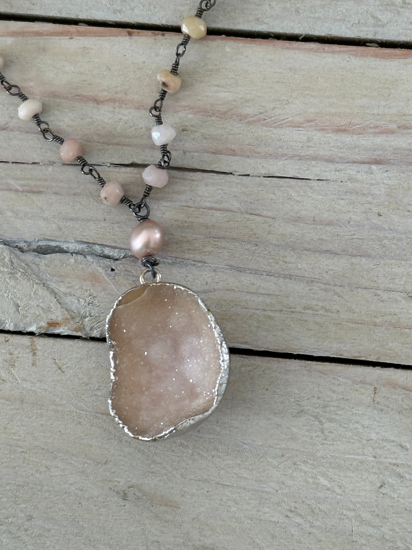 Pink druzie on faceted pink Opal wire wrapped chain adjustable necklace. 19-20”