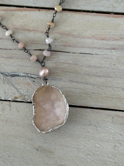 Pink druzie on faceted pink Opal wire wrapped chain adjustable necklace. 19-20”