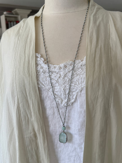 Aqua druzie pendant on Amazonite chain necklace. 32”
