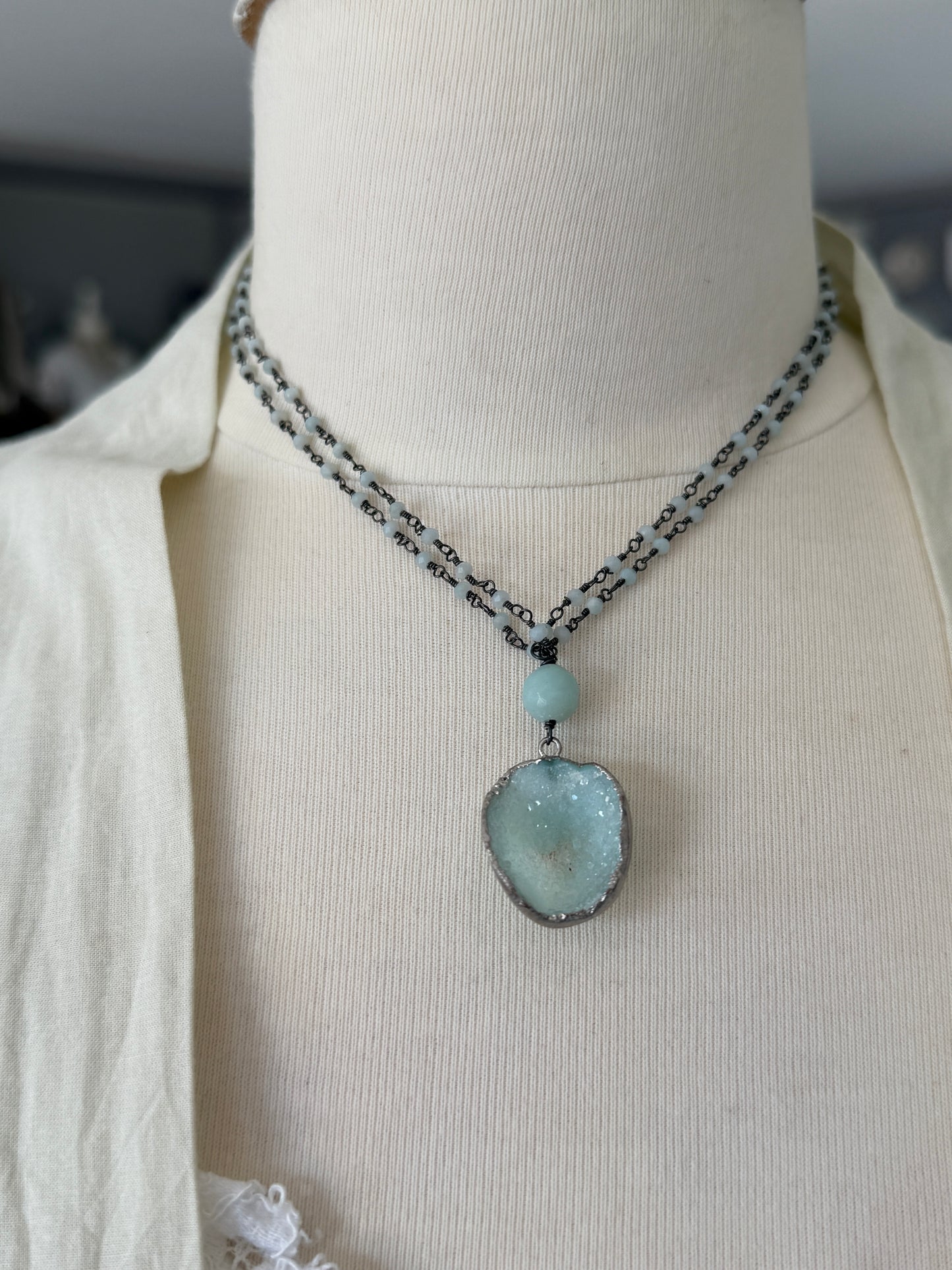 Aqua druzie pendant on Amazonite chain necklace. 32”