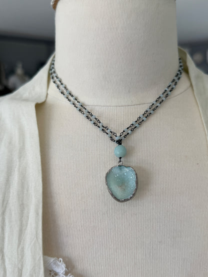Aqua druzie pendant on Amazonite chain necklace. 32”