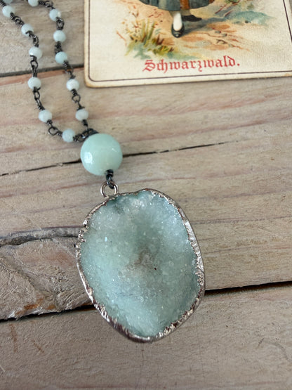 Aqua druzie pendant on Amazonite chain necklace. 32”