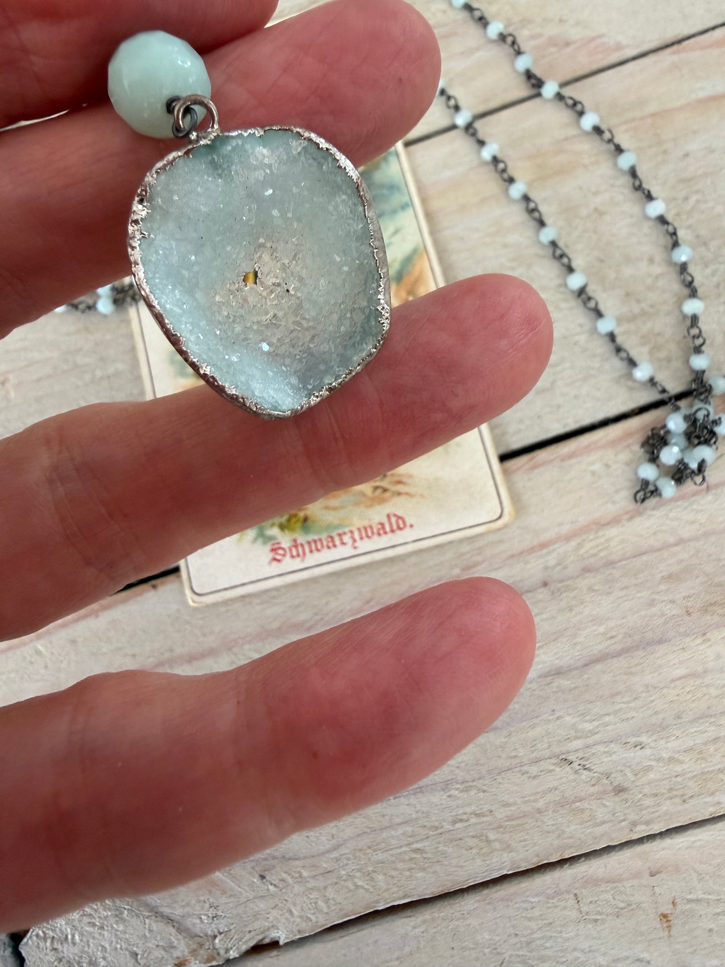 Aqua druzie pendant on Amazonite chain necklace. 32”