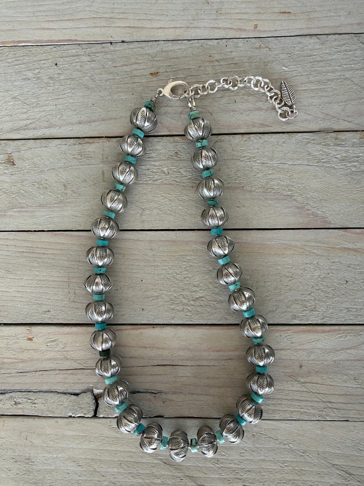 Stamped fine silver rounds with turquoise spacers necklace. 17-20”