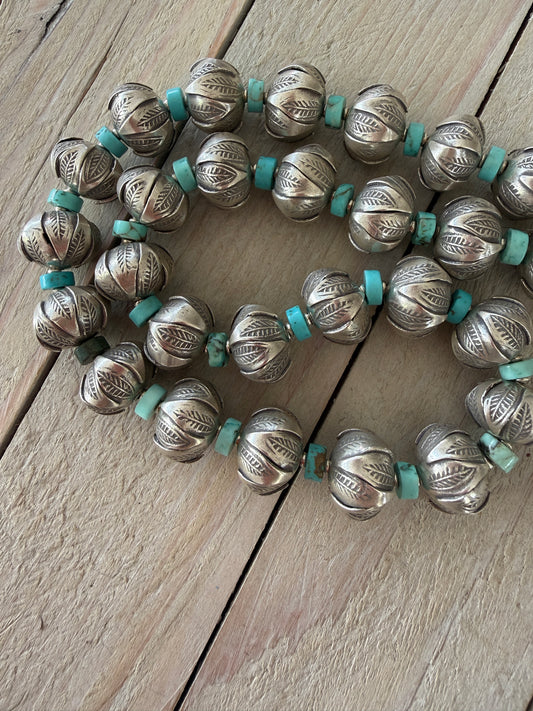 Stamped fine silver rounds with turquoise spacers necklace. 17-20”