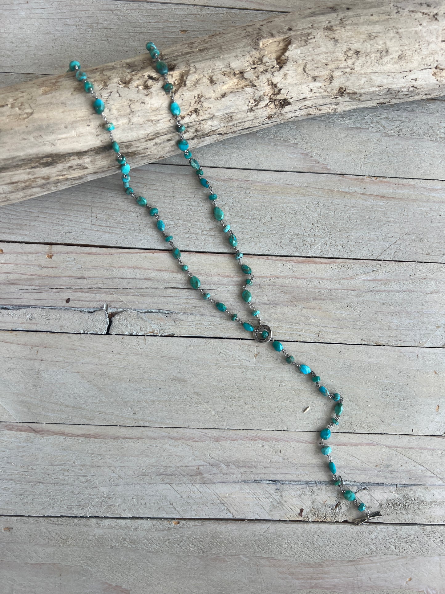 Delicate turquoise chain with toggle clasp. 32” long.