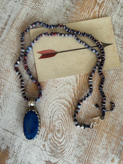 Lapis lazuli pendant (Tibet) with hand knotted blue terracotta chevron beads long necklace.