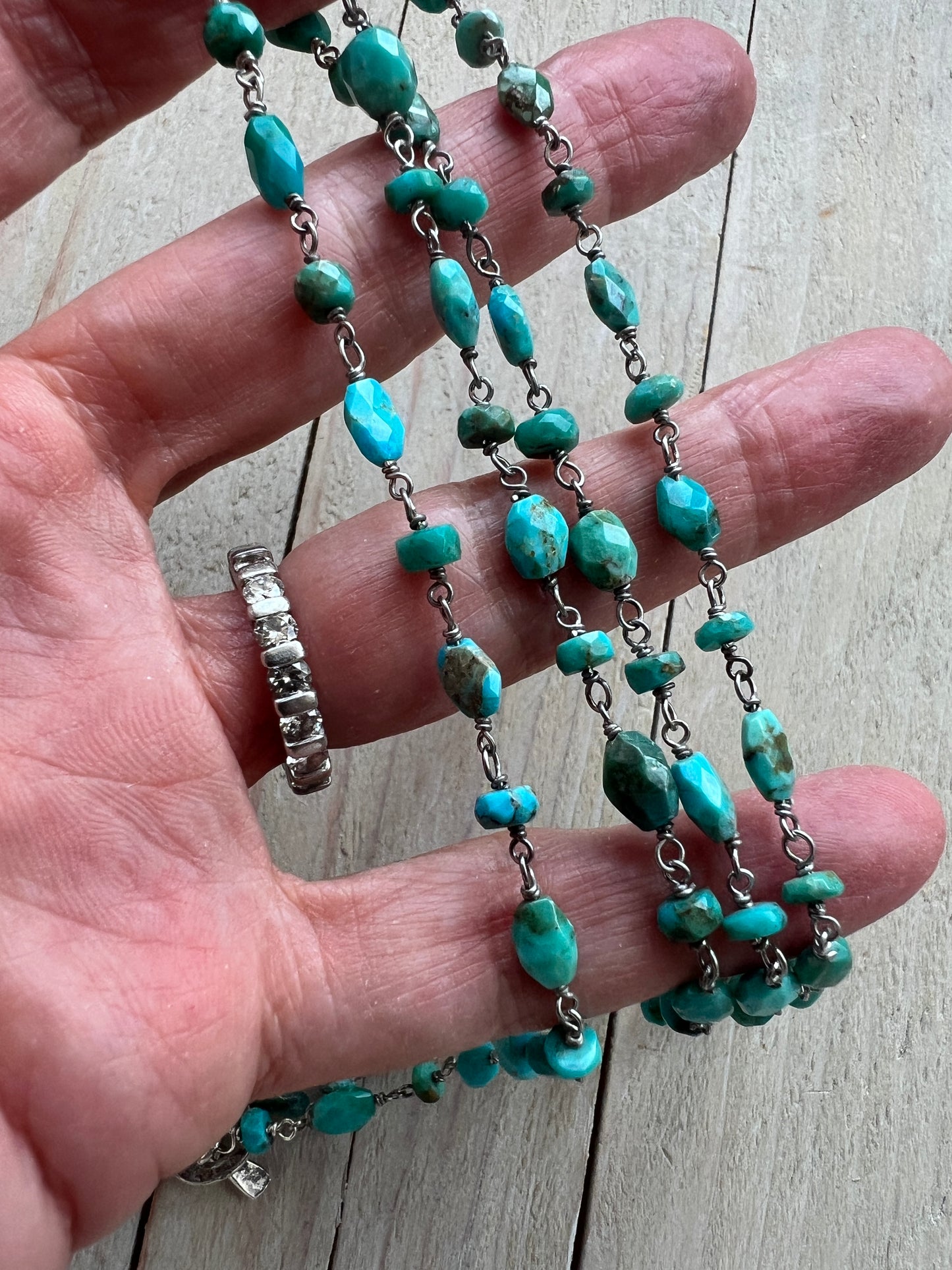 Delicate turquoise chain with toggle clasp. 32” long.