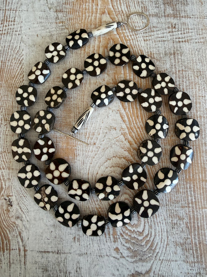 Black and cream African bone beads long necklace with fine silver toggle clasp 36”