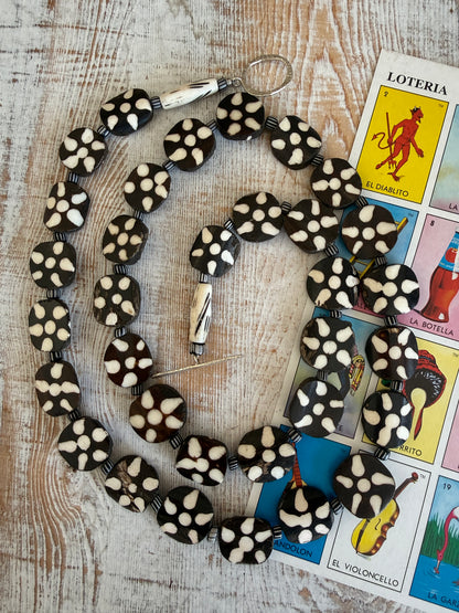 Black and cream African bone beads long necklace with fine silver toggle clasp 36”